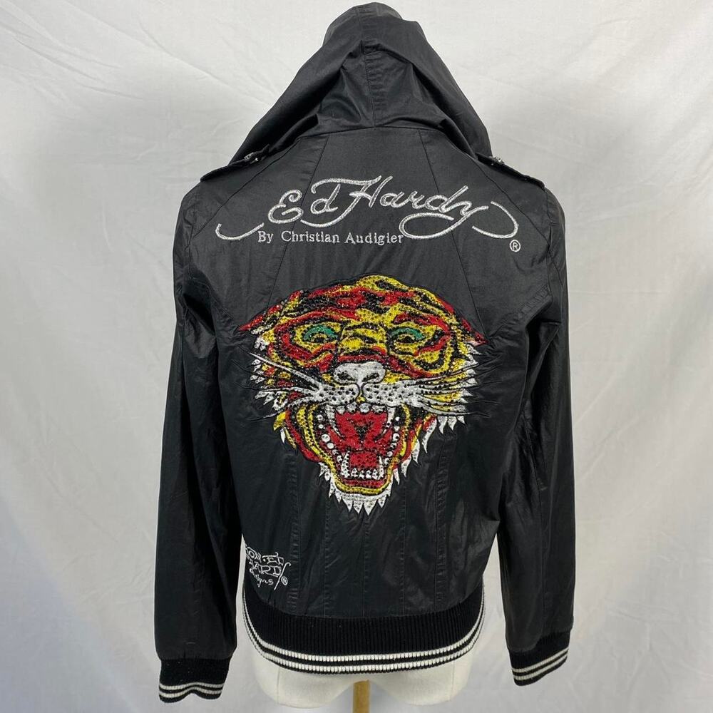 Ed hardy black windbreaker jacket tiger rhinestones size XS grunge‎ mcbling Y2K
